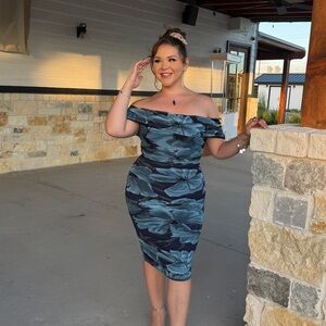 JCPenney Blue Leaf Print Off-Shoulder Midi Dress